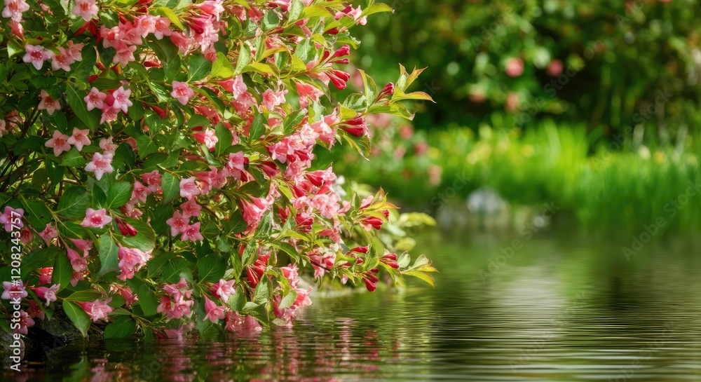 Blooming pink flowers by tranquil pond Blooming pink flowers by tranquil pond