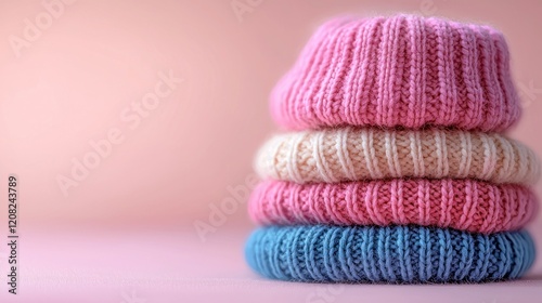 Stack of Pastel Knitted Hats, Soft Colors, Cozy Winter Fashion