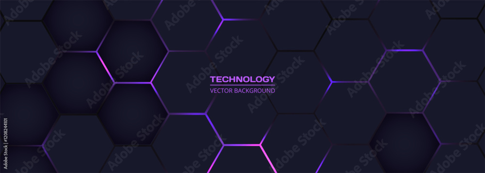 Dark purple horizontal hexagonal technology abstract vector background. Purple and pink bright energy flashes under hexagon in futuristic modern technology wide banner. Dark honeycomb texture.