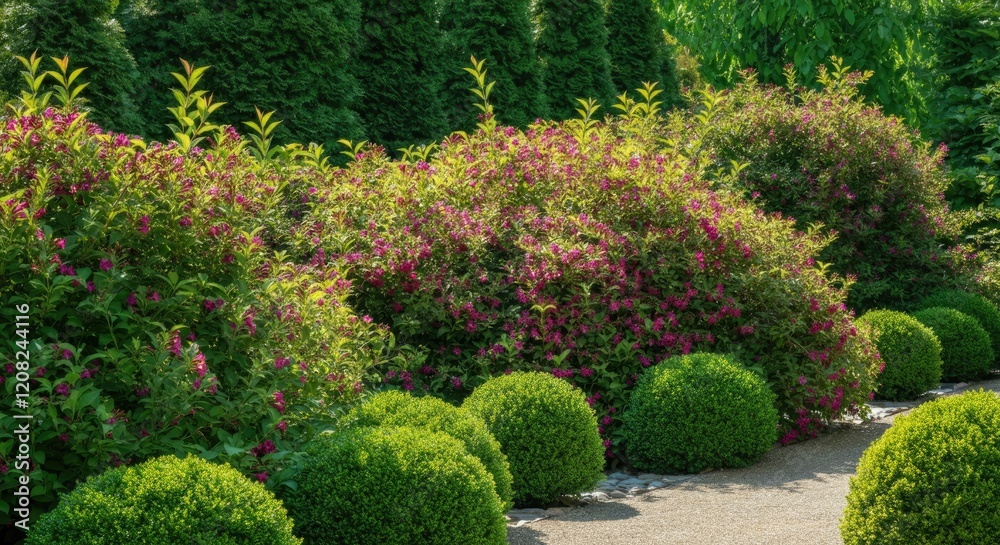 Obraz premium Lush garden with vibrant bushes, green shrubs, and neat pathway
