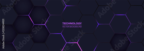 Dark purple horizontal hexagonal technology abstract vector background. Purple and pink bright energy flashes under hexagon in futuristic modern technology wide banner. Dark honeycomb texture.