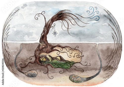 Illustration of fantasy sleeping girl in a cave under bare tree, in winter landscape. Spirit of winter nature, January. Pagan deity, dryad, Woman-Goddess, Mother Nature. Watercolor 