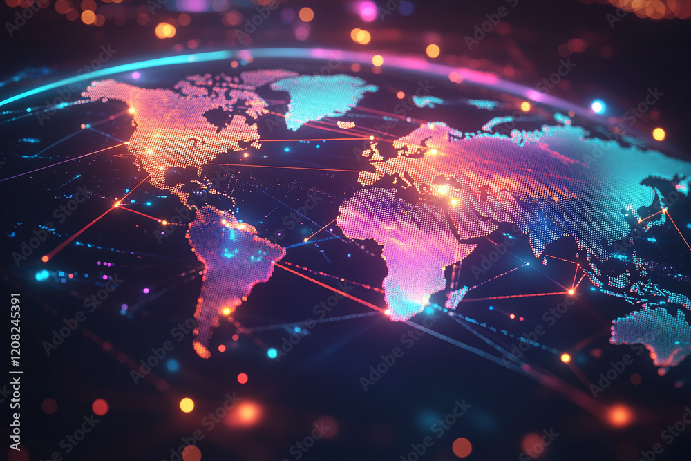 Fototapeta premium Global Network Map with Illuminated Digital Connections Highlighting International Communication, Cyber Technology, and Futuristic Data Visualization