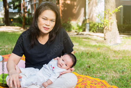 paternal grandmother and granddaughter on grass field