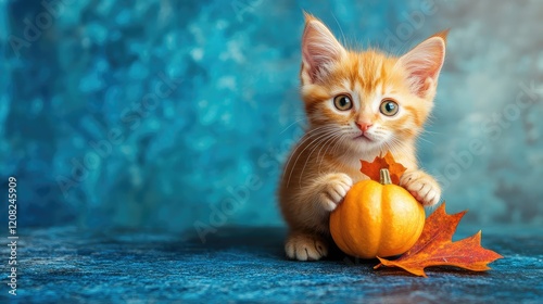 Ginger kitten with pumpkin and autumn leaves on blue textured surface, featuring eco-friendly seasonal setup and ample copy space.