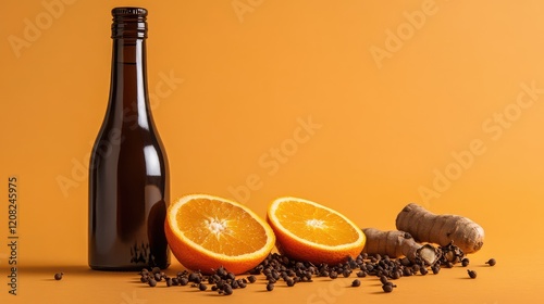 Brown glass bottle of orange Moller wine with sliced oranges and cloves on orange background in studio setting. photo