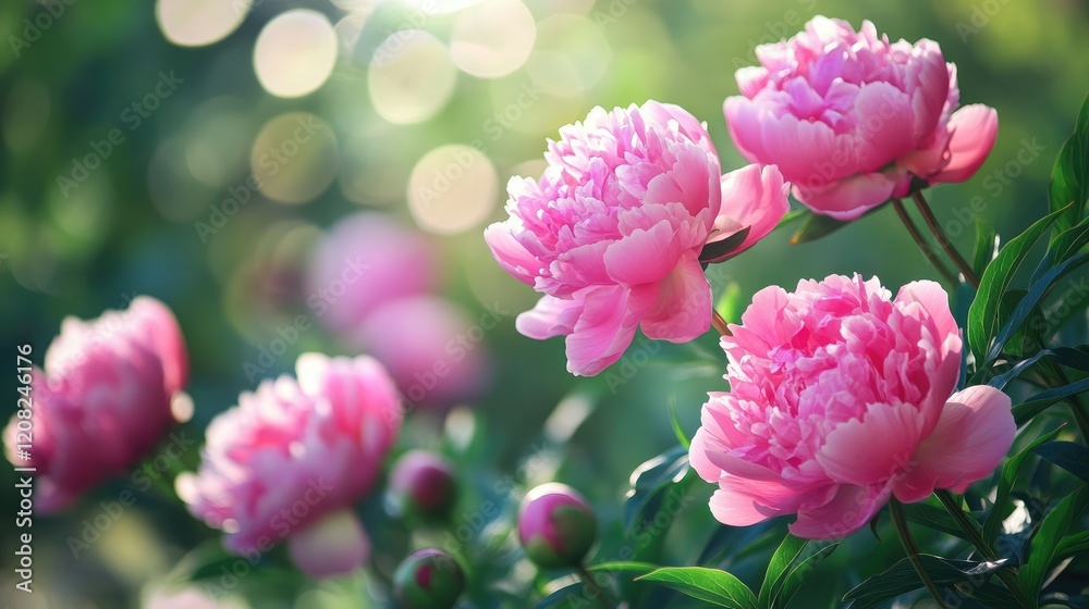 Blossoming pink peonies in a sunlit garden with soft bokeh background showcasing nature's serene beauty and vibrant colors Blossoming pink peonies in a sunlit garden with soft bokeh background showcasing nature's serene beauty and vibrant colors