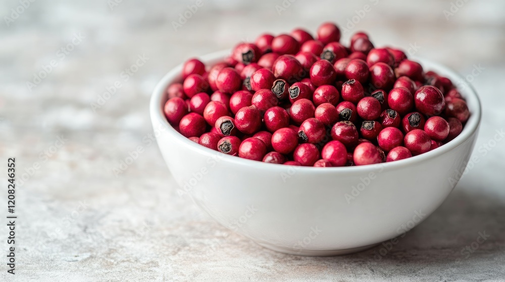 Pink peppercorns in a white bowl showcasing vibrant color and texture against a subtle background ideal for culinary and food presentations Pink peppercorns in a white bowl showcasing vibrant color and texture against a subtle background ideal for culinary and food presentations