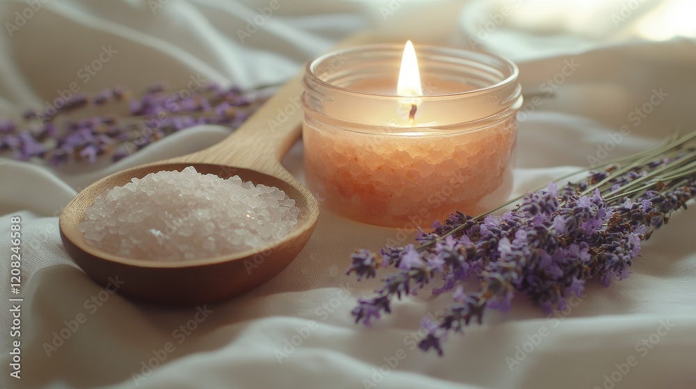 Himalayan salt in jar with candle lavender sprigs and wooden spoon on soft white fabric creating a serene spa atmosphere Himalayan salt in jar with candle lavender sprigs and wooden spoon on soft white fabric creating a serene spa atmosphere