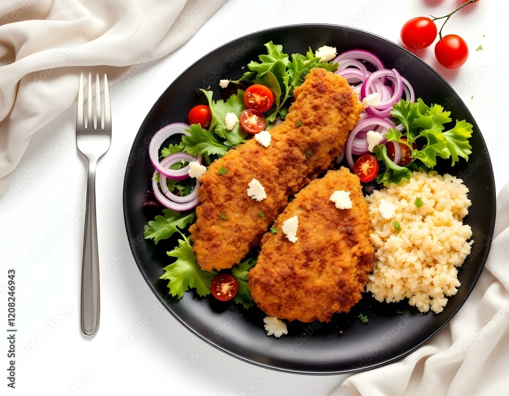 A breaded and fried chicken breast served on a black plate with a fresh green salad , cherry tomatoes , and red onion slices on plate and white background A breaded and fried chicken breast served on a black plate with a fresh green salad , cherry tomatoes , and red onion slices on plate and white background