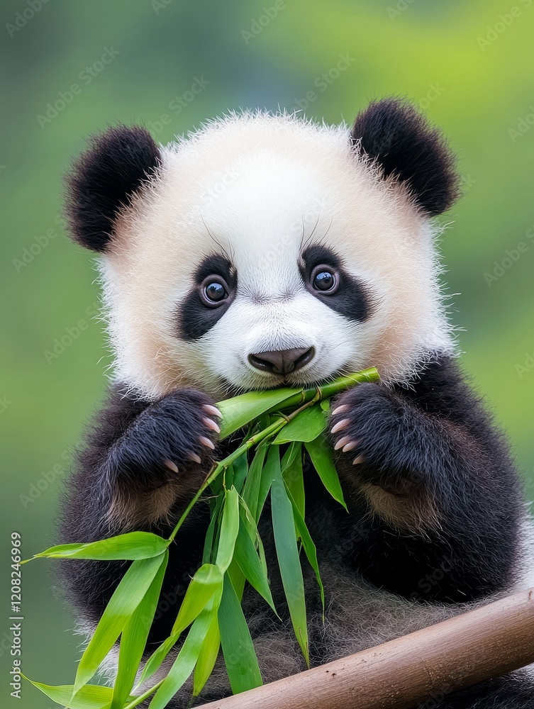 Fototapeta premium Adorable Panda Cub Enjoying Bamboo - A cute baby panda happily munching on fresh bamboo shoots. Its fluffy fur and innocent expression are captivating.