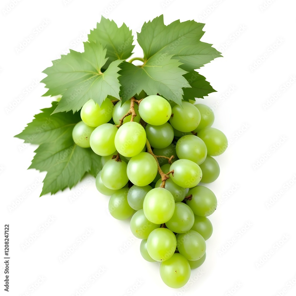 Obraz premium A bunch of green grapes with leaves on a white background