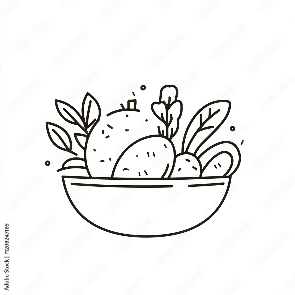 Line art of a cooked bird in a bowl, surrounded by foliage, for graphic design or web illustrations Line art of a cooked bird in a bowl, surrounded by foliage, for graphic design or web illustrations