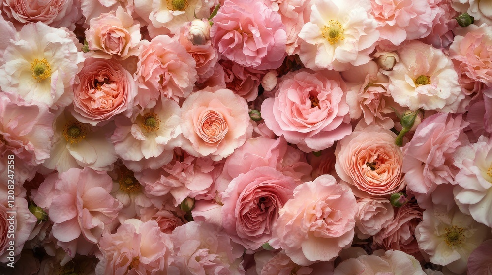 Elegant close-up of pink roses and flowers creating a soft, romantic floral backdrop for celebrations and decor themes. Elegant close-up of pink roses and flowers creating a soft, romantic floral backdrop for celebrations and decor themes.