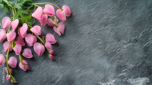 Pink dicentra flowers on a textured grey background with ample space for text and design elements in a stylish composition. photo