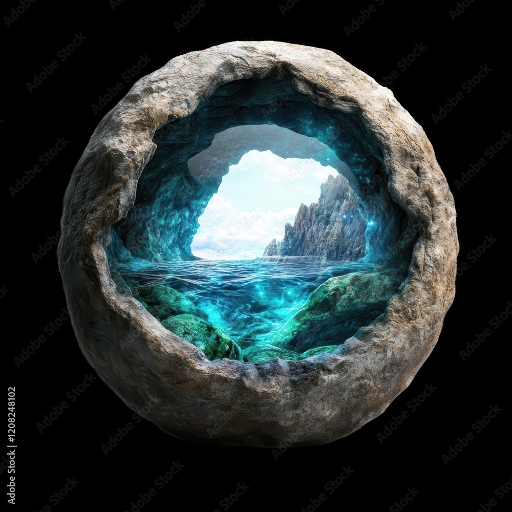 Fototapeta premium A crystal cave with ocean view and rocky landscape. transparent background