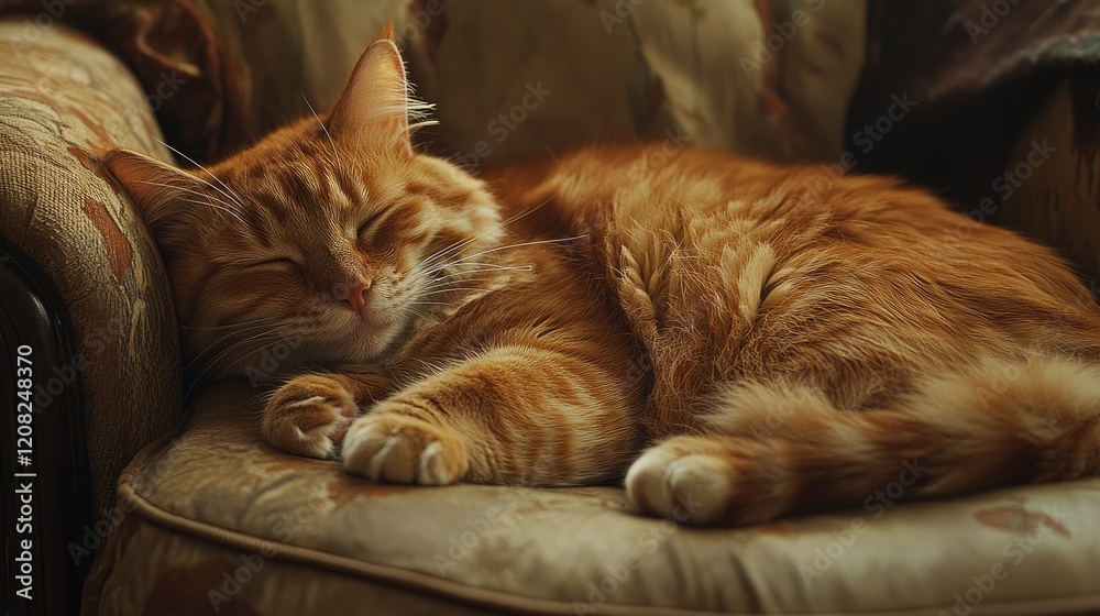 Cozy Orange Cat Relaxing on a Floral Armchair in Warm Ambient Light Cozy Orange Cat Relaxing on a Floral Armchair in Warm Ambient Light