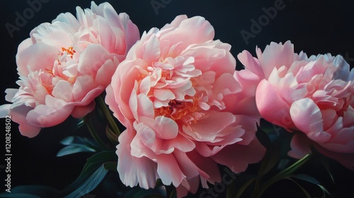Fototapeta Naklejka Na Ścianę i Meble -  Delicate pink peonies against a dark background showcasing their lush layers and vibrant color in a serene floral composition