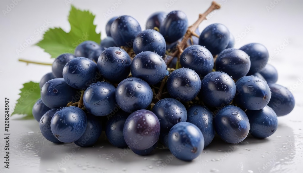 Fototapeta premium Close-up of blue wet grapes bunch on a white surface with subtle texture and reflections, wet grapes, texture, blue grapes