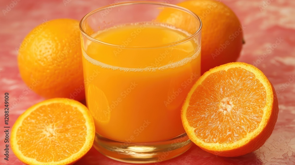 Freshly squeezed orange juice in a clear glass with vibrant orange slices and whole oranges on a soft pink textured background. Freshly squeezed orange juice in a clear glass with vibrant orange slices and whole oranges on a soft pink textured background.