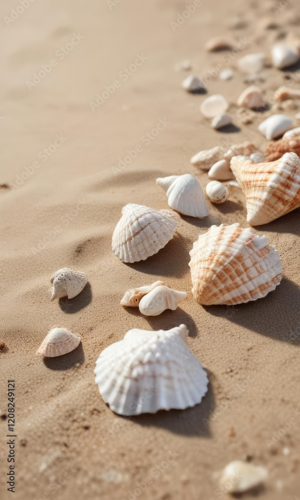 Close-up of delicate seashells on sandy beach, details, beach Close-up of delicate seashells on sandy beach, details, beach