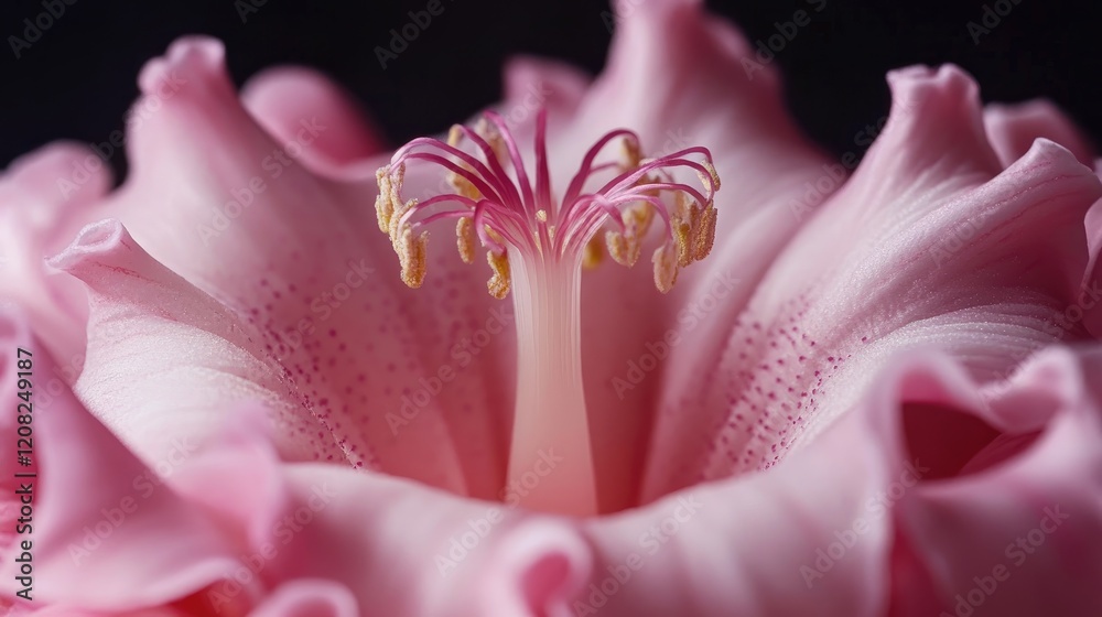 Delicate close-up of a pink flower showcasing intricate petals and stamen against a dark background for botanical beauty themes. Delicate close-up of a pink flower showcasing intricate petals and stamen against a dark background for botanical beauty themes.