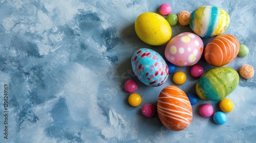 Colorful decorated Easter eggs arranged with vibrant candies on a textured blue background seen from above. photo