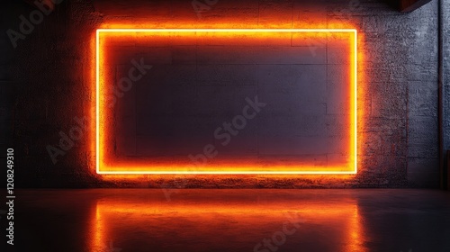 Bright Orange Neon Frame Illuminating a Textured Dark Wall in a Dimly Lit Space photo