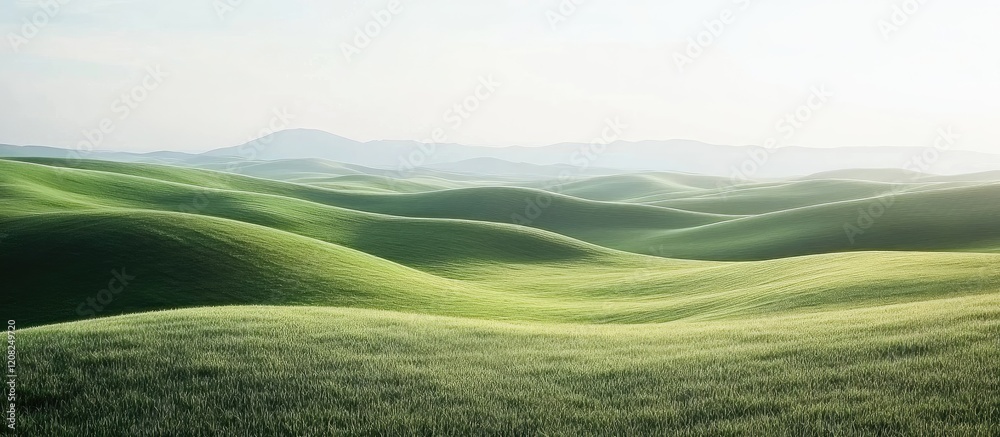 Obraz premium Tranquil rural landscape featuring lush green rolling hills under soft pastel skies with ample empty space for text or branding purposes.