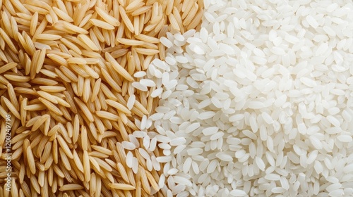 Paddy rice grains comparison showcasing brown rice and white rice textures and colors for culinary and agricultural concepts photo