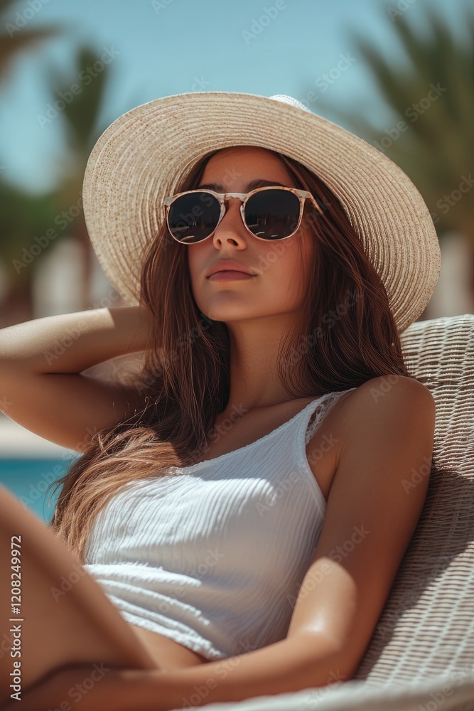 Fototapeta premium Relaxed Woman in Sun Hat and Sunglasses Lounging by the Poolside in Summer Sunlight