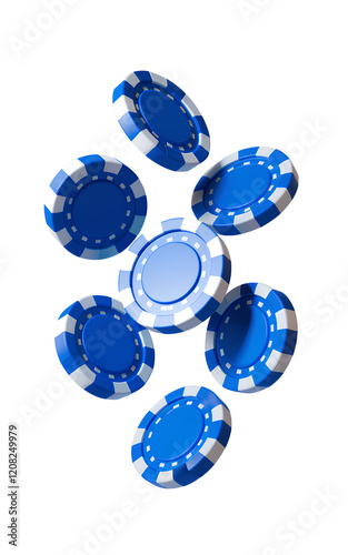 Blue casino chips suspended in mid-air on a transparent background, for design and template