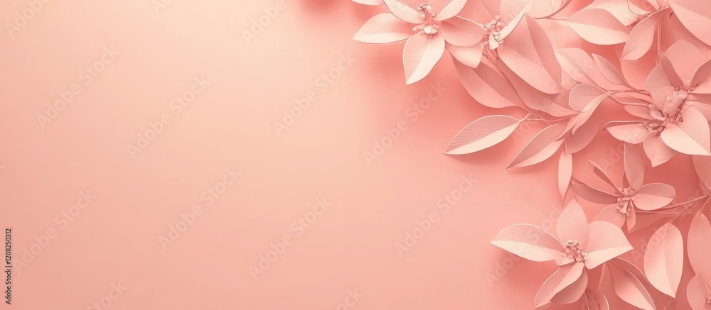 Fototapeta premium Soft peachy pink background featuring delicate floral decorations on the left side, creating an elegant layout with ample empty space for text.
