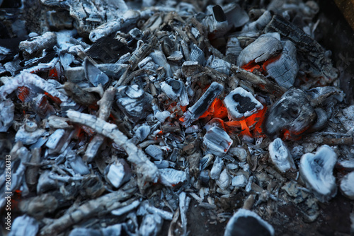 Ashes from wood in a burnt fire