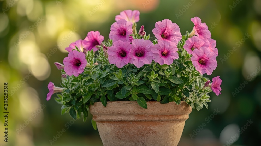 Pink petunia flowers blooming beautifully in a rustic flower pot surrounded by lush greenery and soft bokeh lighting Pink petunia flowers blooming beautifully in a rustic flower pot surrounded by lush greenery and soft bokeh lighting