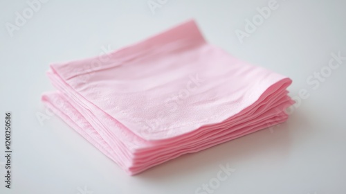 Stack of soft pink napkins neatly arranged on a clean white background ideal for table settings or event decor themes. photo