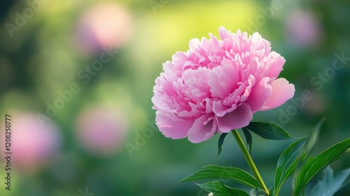 Delicate pink peony flower blooming in a serene natural setting with soft bokeh background showcasing its beauty and vibrant colors. photo