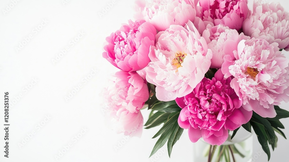 Vibrant pink peonies bouquet arranged in a glass vase against a clean white background showcasing spring's beauty and freshness. Vibrant pink peonies bouquet arranged in a glass vase against a clean white background showcasing spring's beauty and freshness.