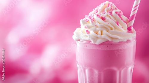 Delicious pink milkshake topped with whipped cream and sprinkles on a vibrant pink background ideal for dessert and beverage themes photo