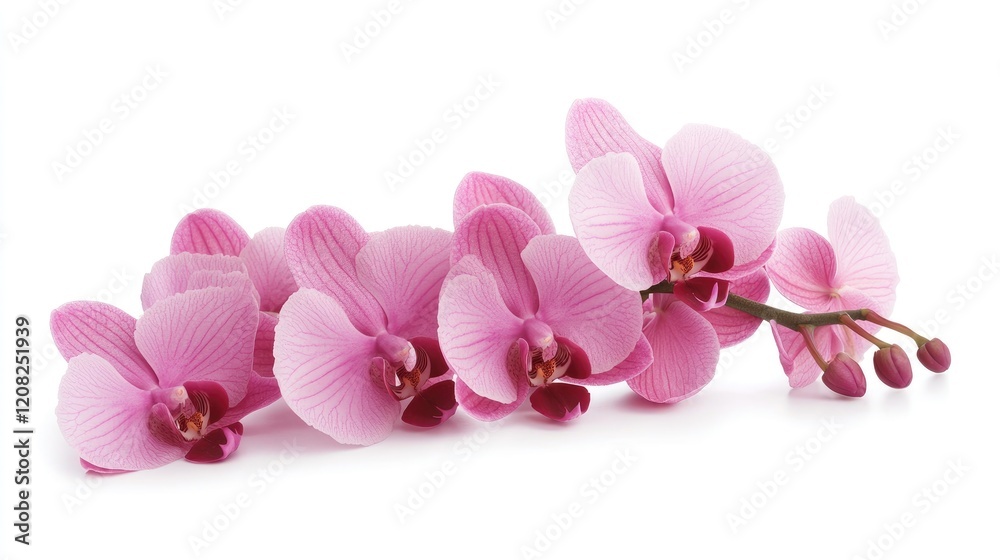 Beautiful pink phalaenopsis orchid branch isolated against a pristine white background showcasing delicate floral elegance and natural beauty.