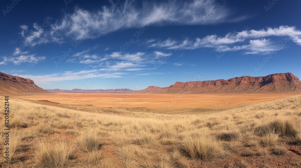 A vast desert landscape with reddish cliffs under a bright blue sky, featuring grasslands and scattered clouds, offering a serene natural view. A vast desert landscape with reddish cliffs under a bright blue sky, featuring grasslands and scattered clouds, offering a serene natural view.