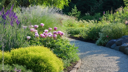 Paeonia tenuifolia blooming in tranquil garden path surrounded by lush greenery and vibrant flowers photo