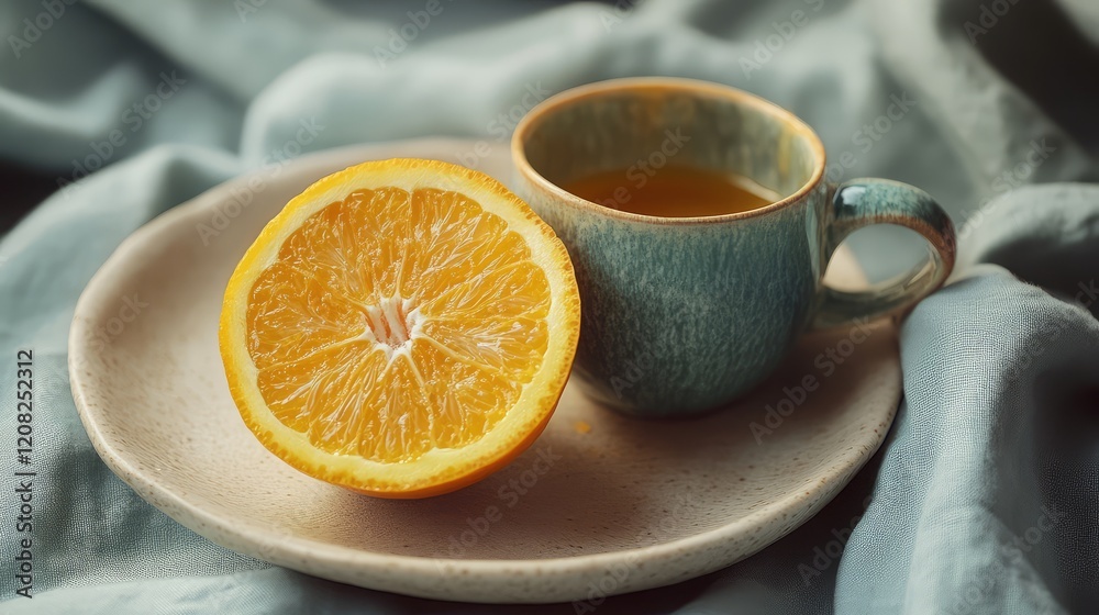 Ceramic cup of orange marmalade beside a halved orange on a beige plate with soft blue fabric background. Ceramic cup of orange marmalade beside a halved orange on a beige plate with soft blue fabric background.