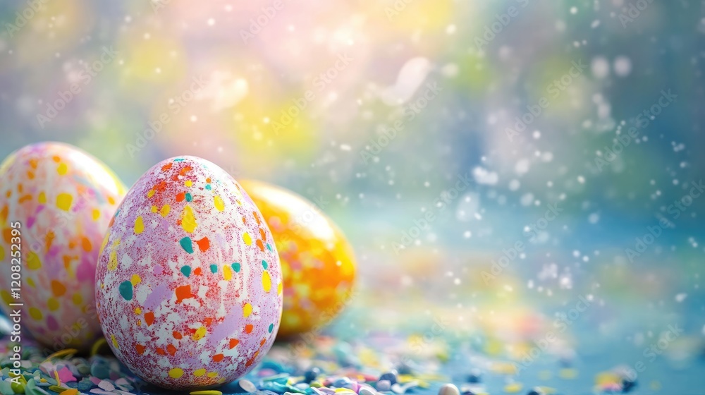 Colorful Painted Easter Eggs on Soft Background with Sprinkles and Light Reflections for Holiday Celebrations and Seasonal Decoration Colorful Painted Easter Eggs on Soft Background with Sprinkles and Light Reflections for Holiday Celebrations and Seasonal Decoration
