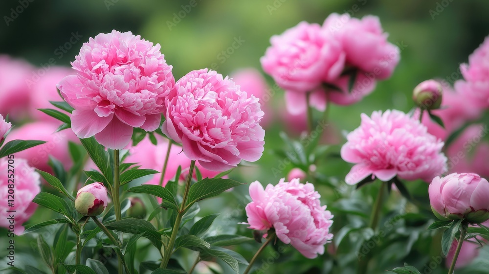Vibrant Pink Peonies Blooming in a Lush Backyard Garden Setting Vibrant Pink Peonies Blooming in a Lush Backyard Garden Setting