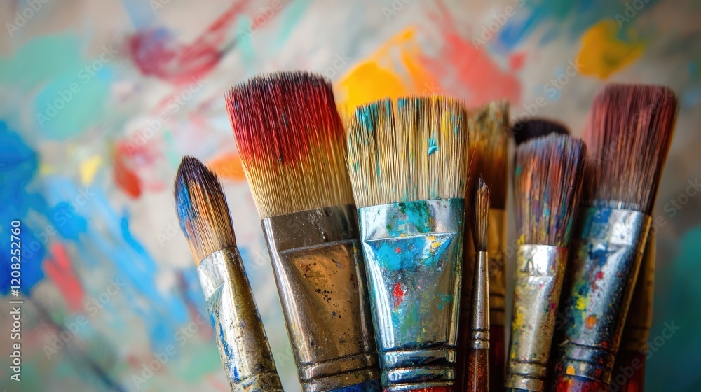 Fototapeta premium Assorted paintbrushes with vibrant bristles in an artist's studio against a colorful abstract background. Perfect for art and creativity themes.