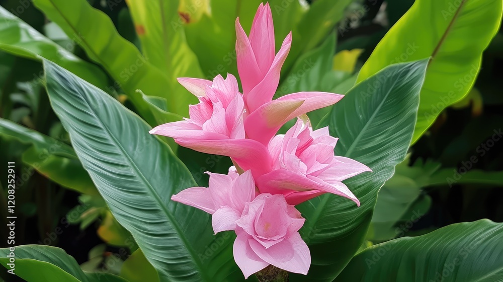 Vibrant pink tropical flowers surrounded by lush green leaves in a serene garden setting showcasing natural beauty and tranquility.