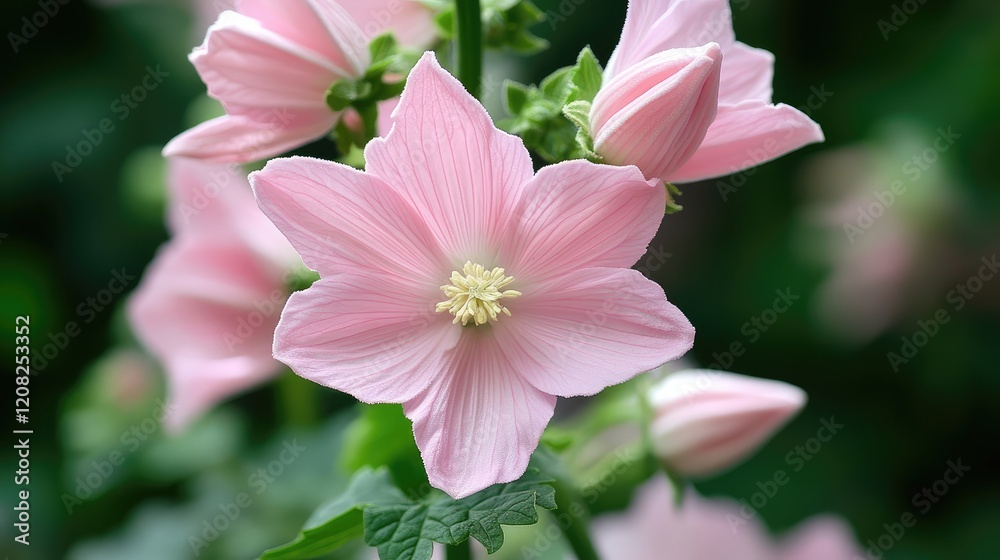 Delicate pink marshmallow flowers blooming in a lush green garden creating a serene and picturesque floral scene. Delicate pink marshmallow flowers blooming in a lush green garden creating a serene and picturesque floral scene.
