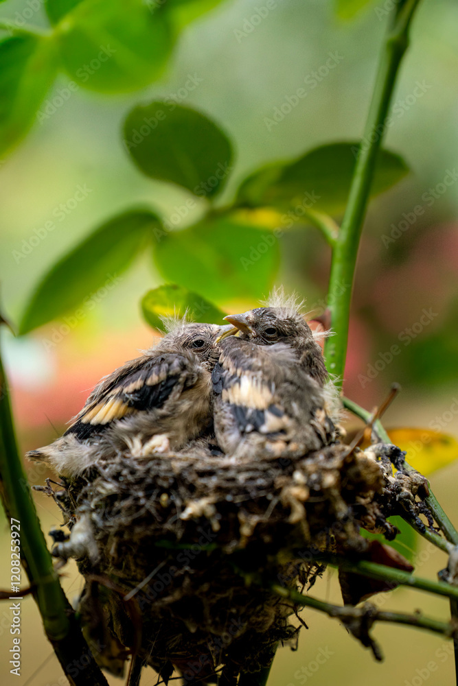 Baby Birds Resting in a Nest Among Green Branches