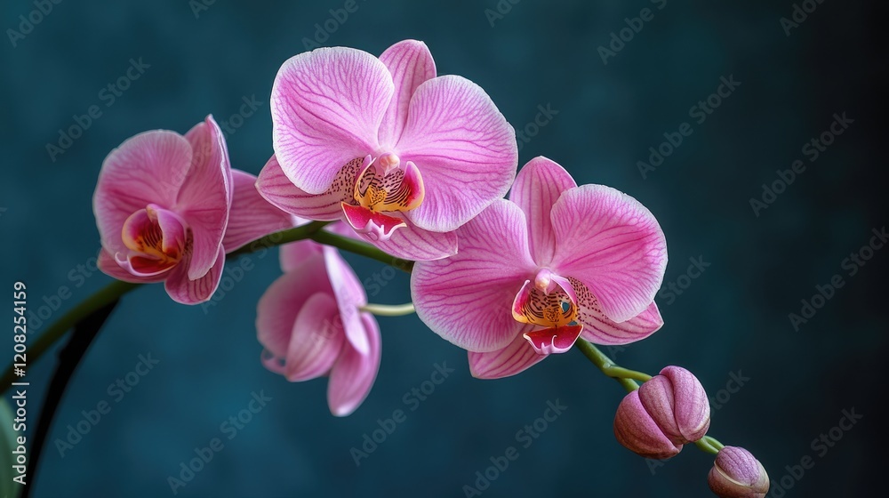 Pink Phalaenopsis Moth Orchid Blossoms Against a Soft Blue Background Showcasing Their Delicate Beauty and Elegant Petals Pink Phalaenopsis Moth Orchid Blossoms Against a Soft Blue Background Showcasing Their Delicate Beauty and Elegant Petals